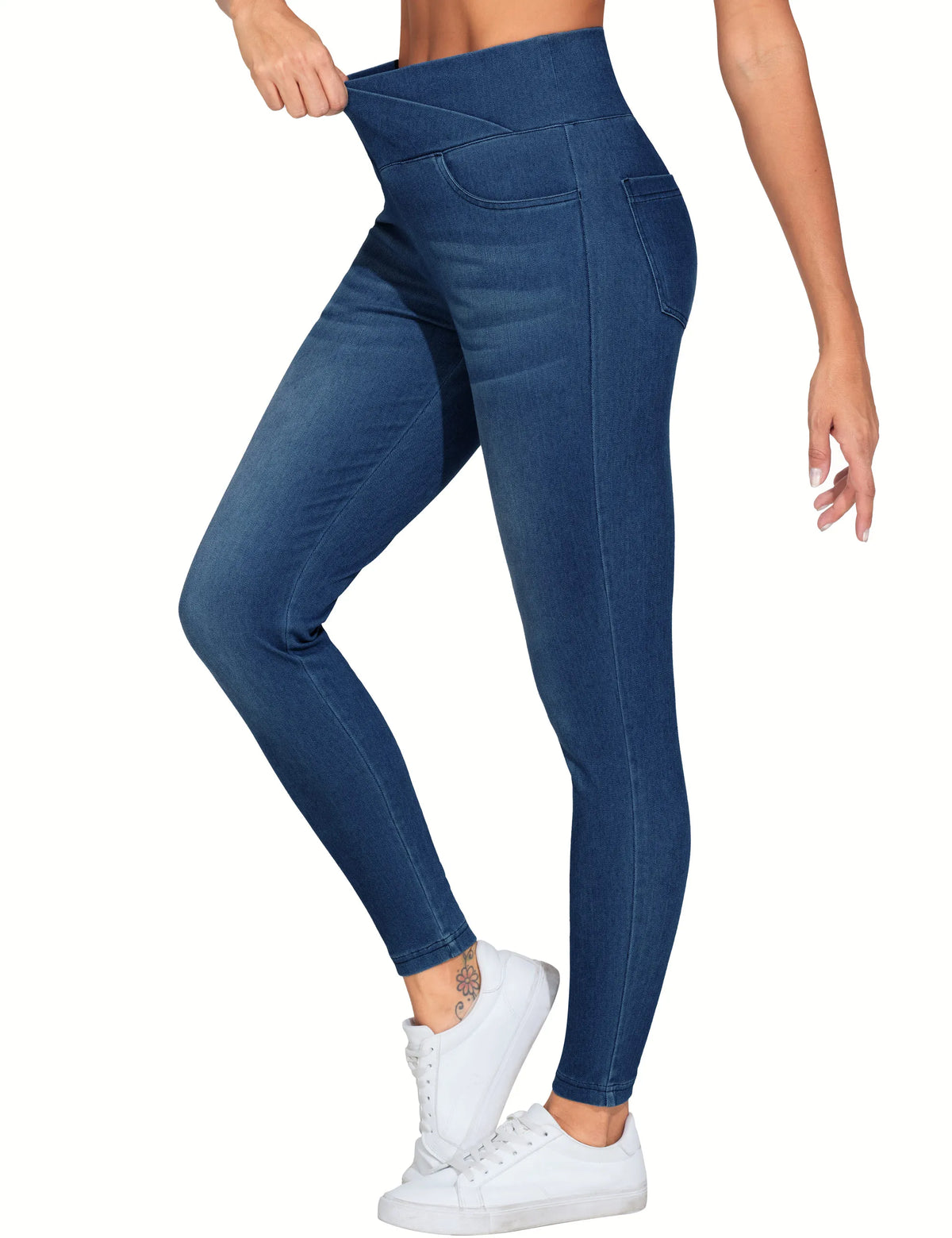 THE GYM PEOPLE Women's  High Waisted Skinny Denim Jegging Pants with Pockets V Cross Stretchy  Jean Leggings