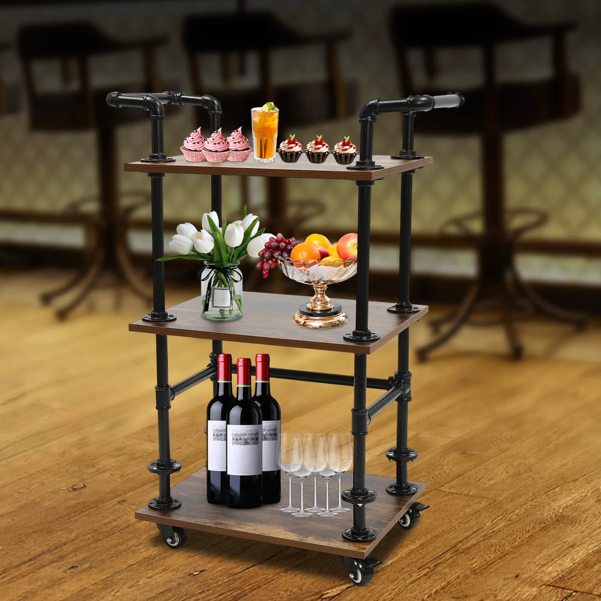 3 Tiers Industrial Bar Carts on Wheels with Storage Kitchen Foldable Storage Rack  Wine Tea Liquor Shelves for Kitchens, Bars, Living Rooms, Bedrooms
