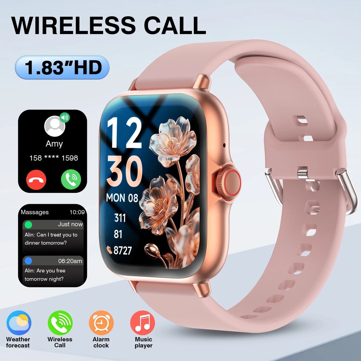 1.83" Full Screen Touch Screen Outdoor Sports Smart Watch for Men/Women,Wireless Calling/receiving, Multiple Sports Modes,Message Notifications,Suitable for Android & IPhone,  Ideal As A Gift