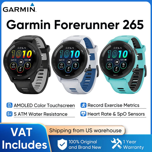 Garmin Forerunner 265 GPS 46mm Smartwatch 1.3" AMOLED Touchscreen Display Heart Rate Monitoring Training Metric Message Notice