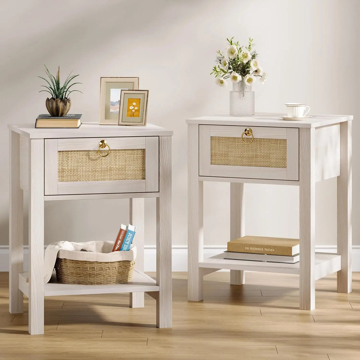Large White Rattan Nightstands Set of 2, Boho Style with Drawers & Storage Shelf Bedroom Bedside End Table, Custom