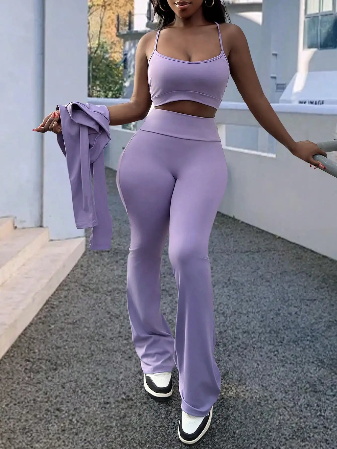 3 Piece Women's Sports Top And Flared Pants Set Bundle