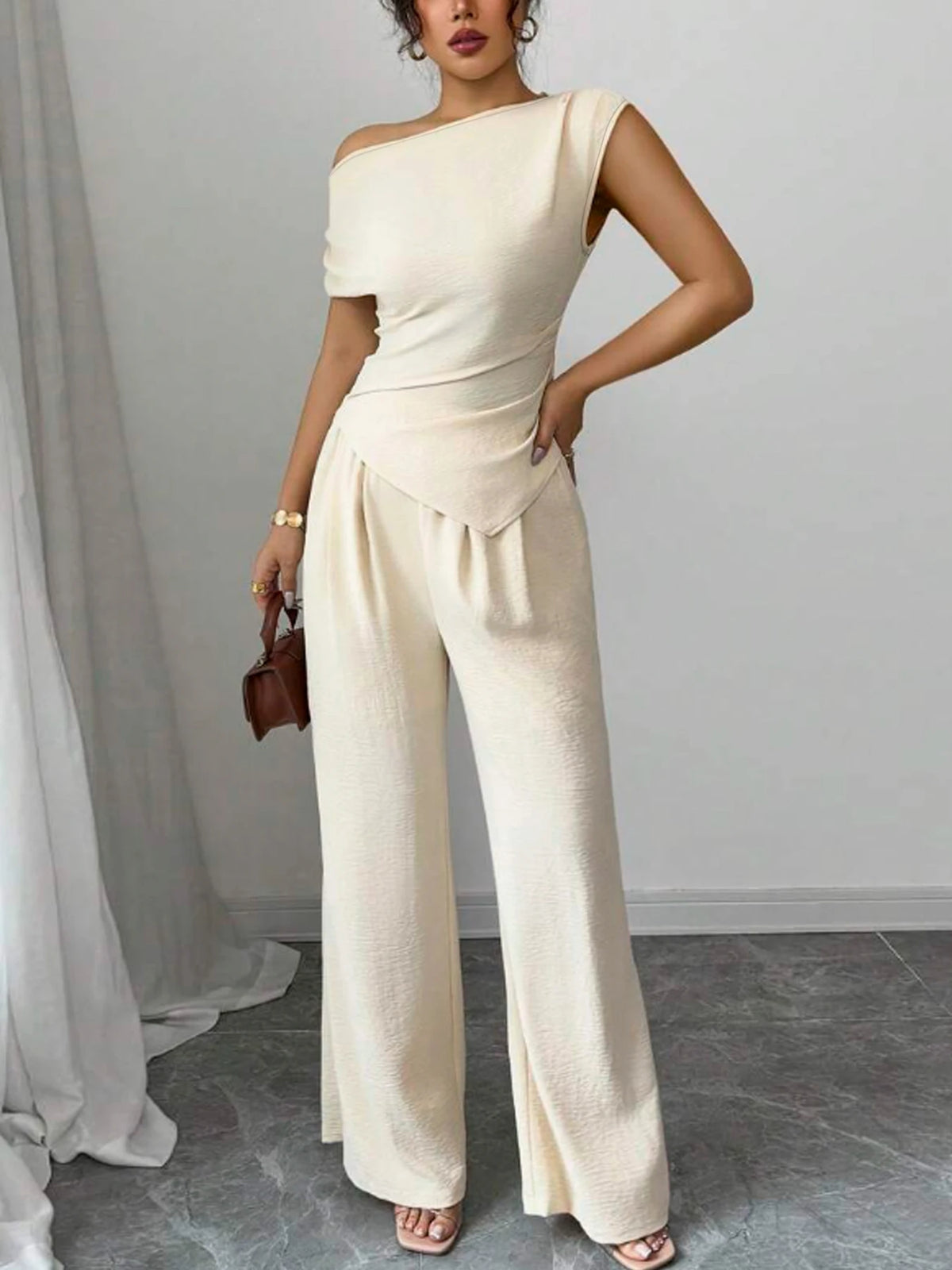 Elegant Pure Color Asymmetric Top And Wide Leg Pants 2 Piece Set