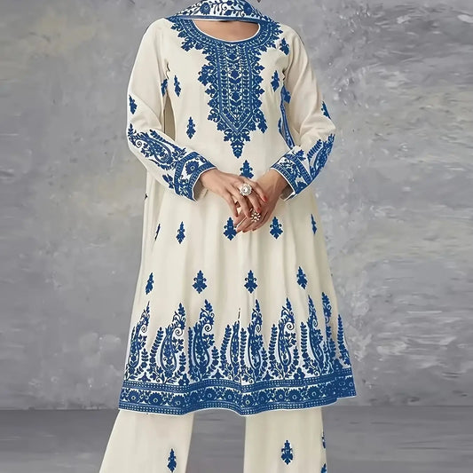 Women's Printed Three Piece Ethnic Set With Top Pants And Scarf