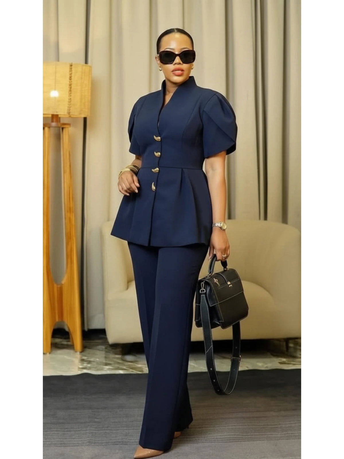 Women Stand Collar Puff Sleeve Peplum Polyester Pants Suit