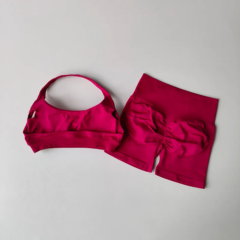 Halter Neck Sports Bra Shorts Set For Yoga Pilates