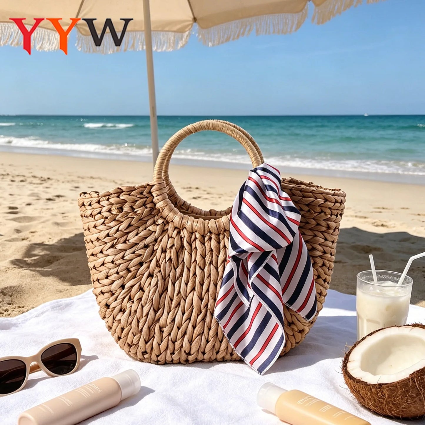 YYW Handmade Straw Woven Bag For Beach And Shopping
