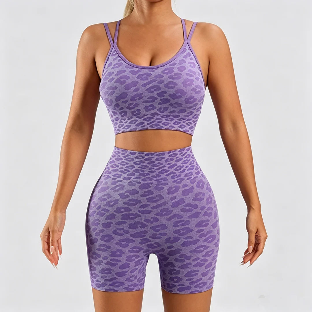 Leopard Print Two Piece Workout Set For Women Crop Tank