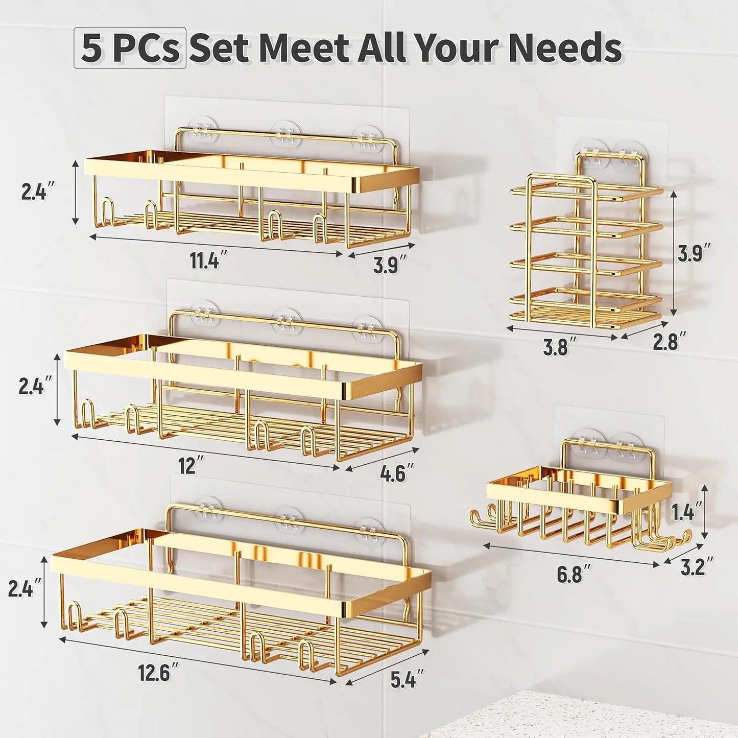 Shower Caddy Adhesive, 5 Pack Rustproof Stainless Steel Shower Shelves with Large Capacity, No Drilling Bathroom Organizers and Storage for Home Decor, Golden