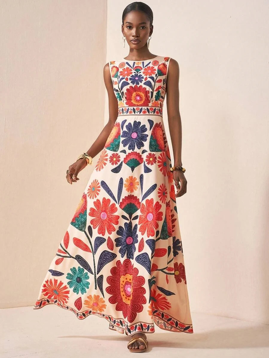 Women Polyester Floral Embroidery Maxi Dress Sleeveless Round Neck