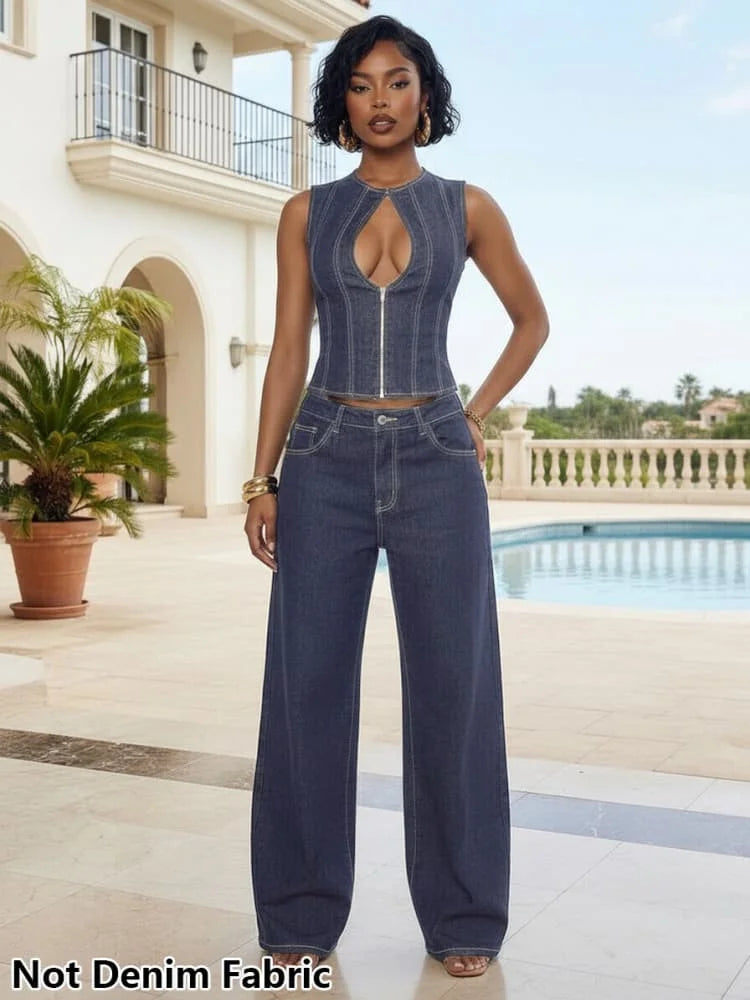 Women Sleeveless Keyhole Neck Crop Top + High Waist Wide Leg Pants Outfit Set For Street Hangout Daily Social Occasion Dressing