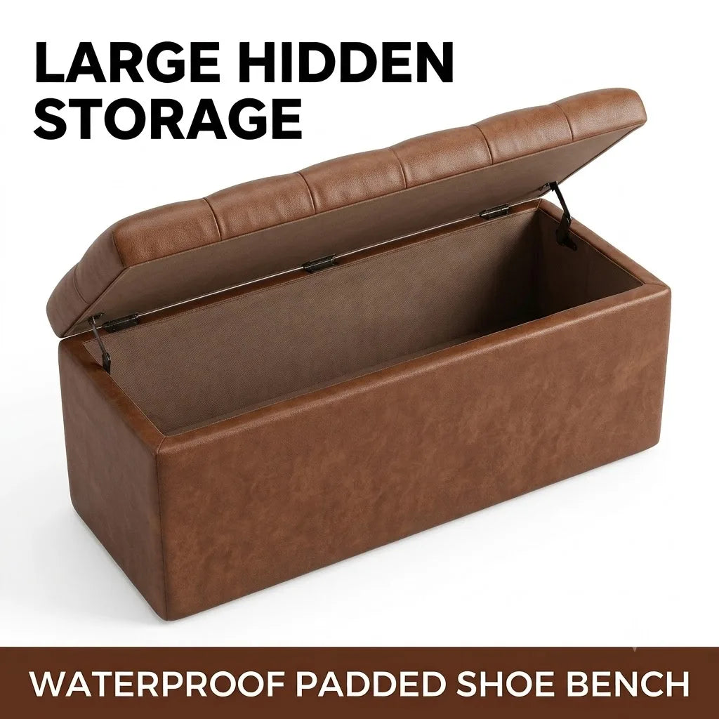 Large Tufted PU Leather Storage Ottoman Bench, Flip Top Hidden Storage Chest, Padded Shoe Bench Footrest for Entryway Bedroom Living Room, Water-Proof Wear-Resistant Storage Stool for Shoes Toys Blankets
