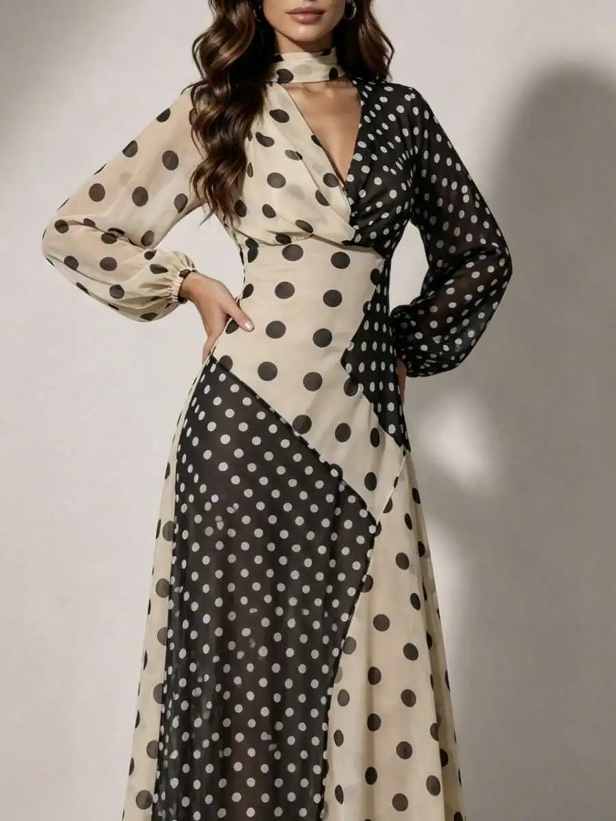 XTOCEAN Black & Beige Colorblock Polka Dot Maxi Dress - Choker Neck Cutout V-Neck Puff Sleeve Sheer Flowy Boho Elegant Evening Party Long Dress For Women