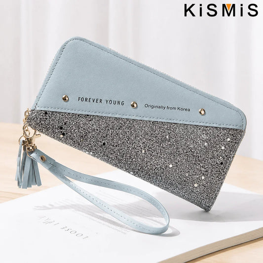 Women Wallet Korean Style Patchwork Design Long Zipper Wallet PU Leather Tassel Clutch Large Capacity Card Holder Fashion Wristlet Handbag Ladies Purse Cute Tassel Detail Multifunctional Organizer For Shopping Dating Daily Us