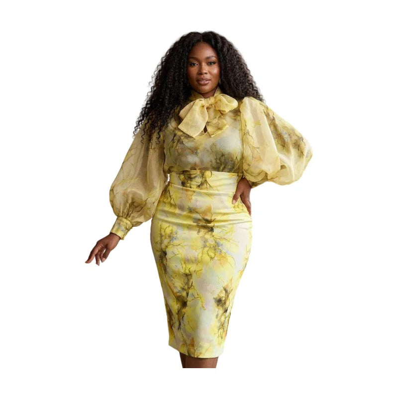 Women Long Sleeve Printed Bodycon Midi Skirt Two Piece Outfit