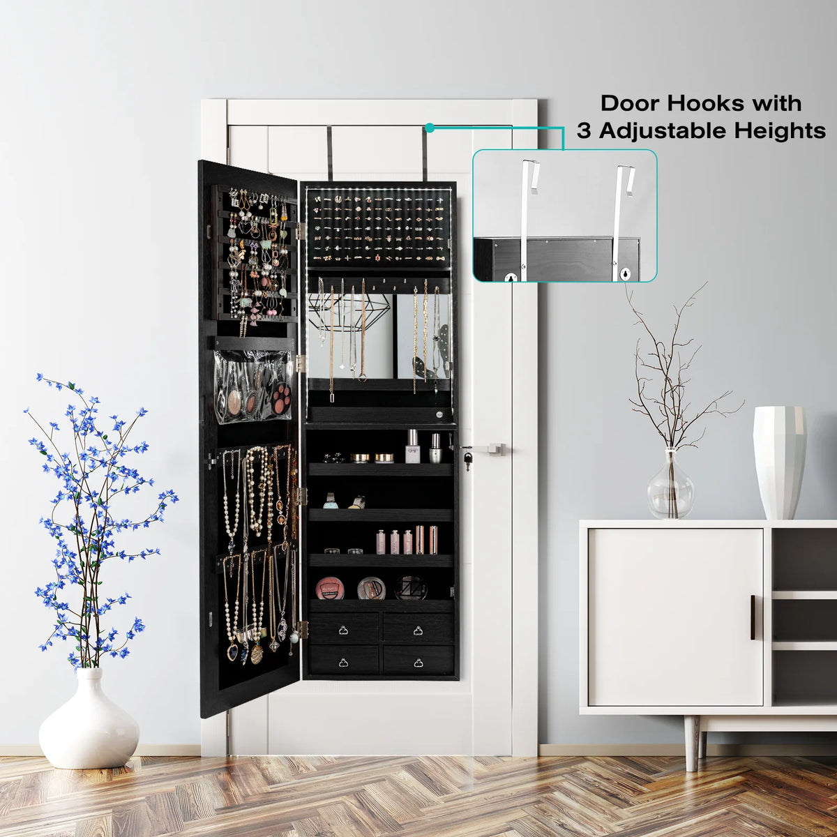 Mirror Jewelry Cabinet 96 LED Lights Wall Door Mounted Armoire w/ Makeup Rack