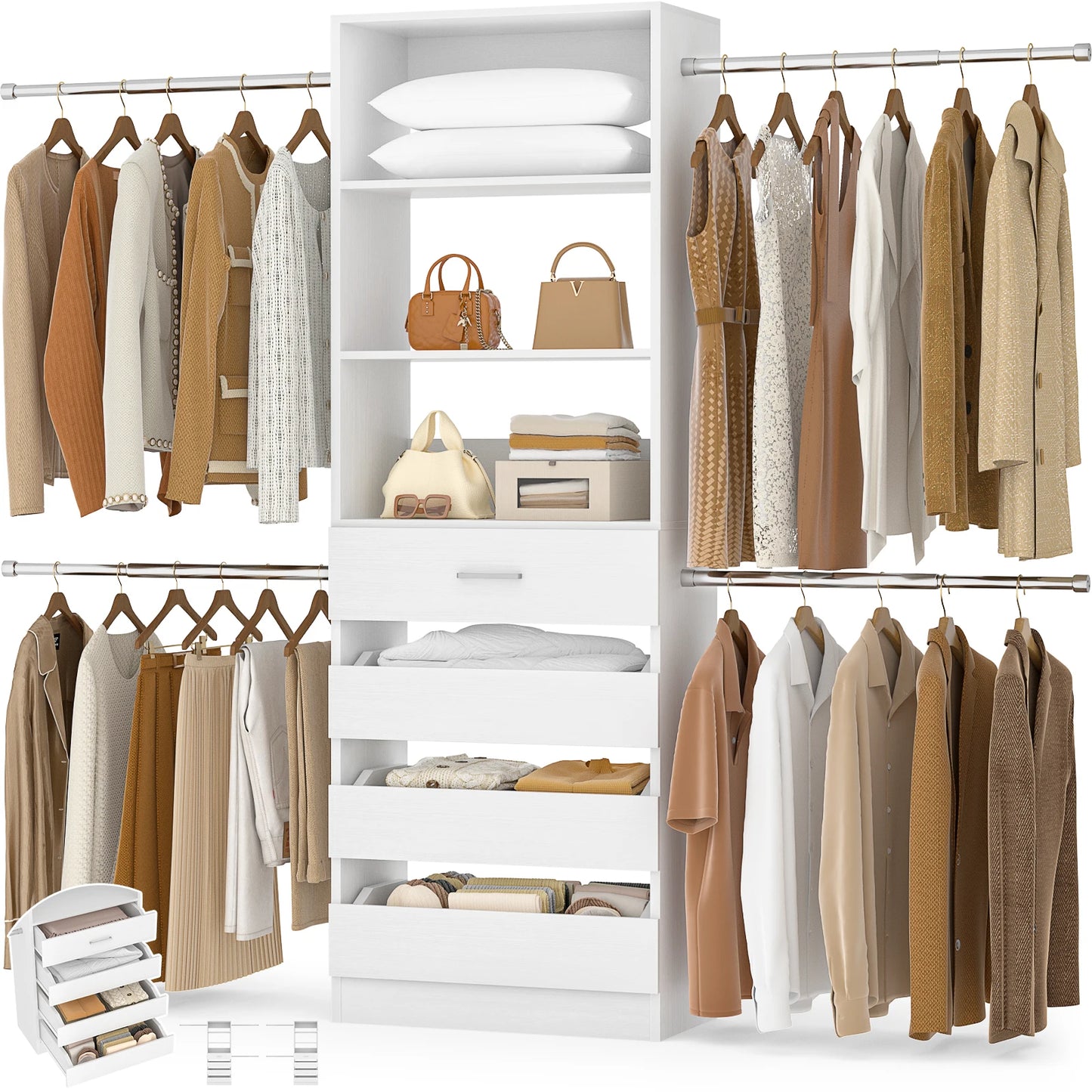 4-9Ft Closet System with 4 Wooden Drawers, Walk-in Closet Organizer Wardrobe Clothes Rack with 4 Hanging Rods, Garment Rack