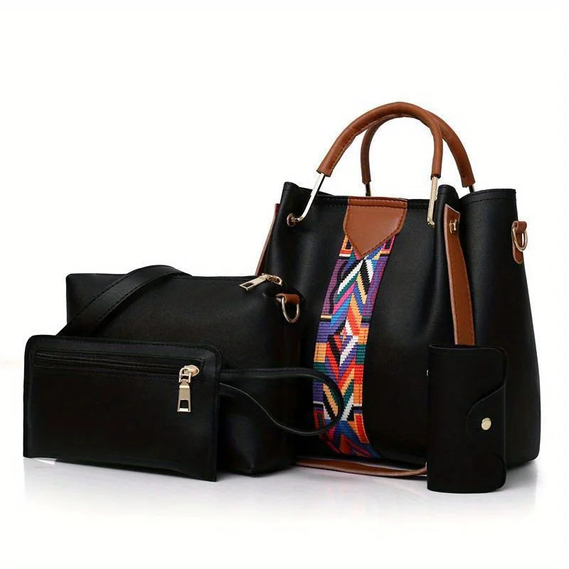 PU Leather 4 Piece Women's Handbag Set Tote Crossbody Clutch