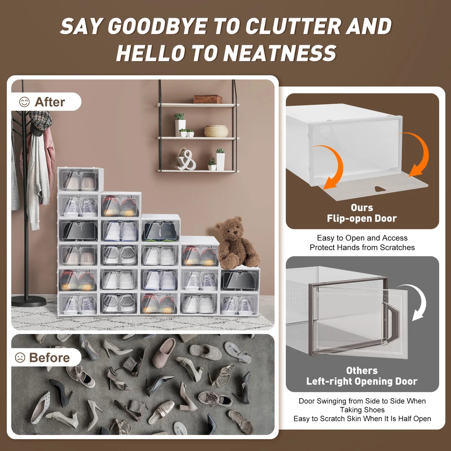 20PCS Stackable Shoe Storage Box Transparent Shoe Organizer Side Flap Design Dust‑proof PP Shoe Case with Heart‑shaped Vent Holes Shoe Organizer for Home Closet