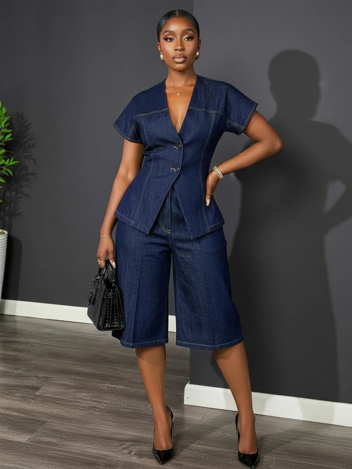 Women V Neck Short Sleeve Blazer Capri Pants Business Set