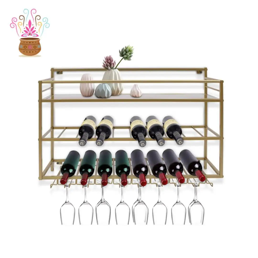 Wine Rack Wall Mounted, 3 Tier Gold Metal Wine Rack 80x25x55cm, 30kg/66lbs Heavy Duty Capacity with Wine Glass Holder, Space Saving Storage for Kitchen Bar Dining Room