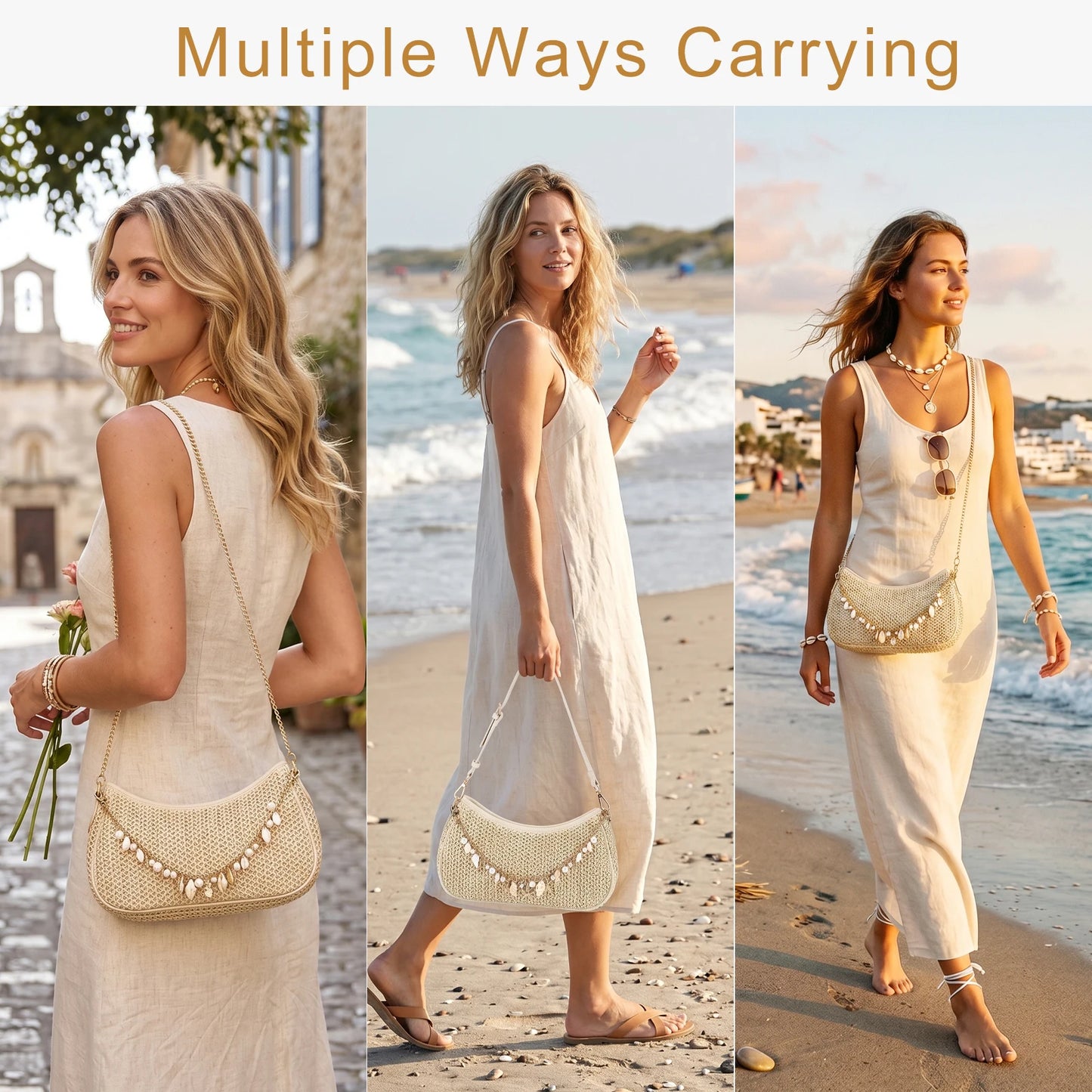 Bohemian Straw Shoulder Bag With Shells And Starfish