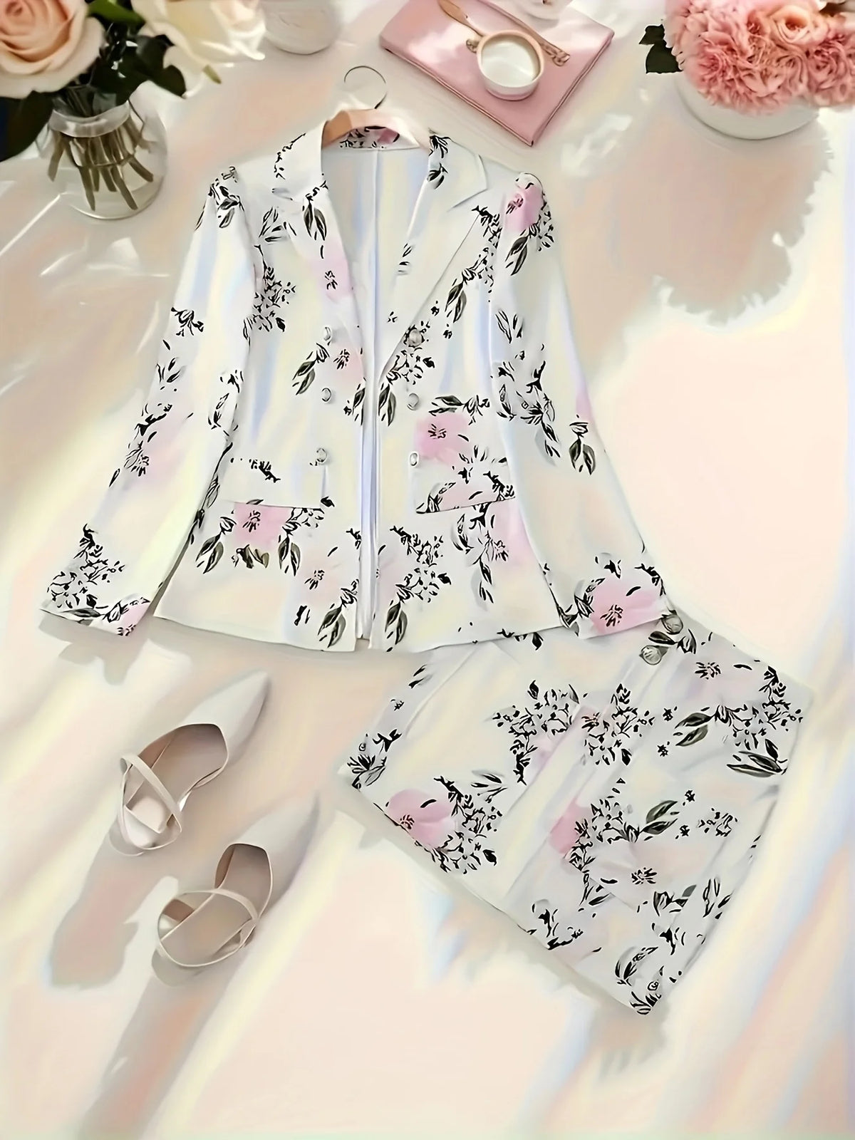 Women's Double Breasted Suit Jacket And Floral Mini Skirt Set