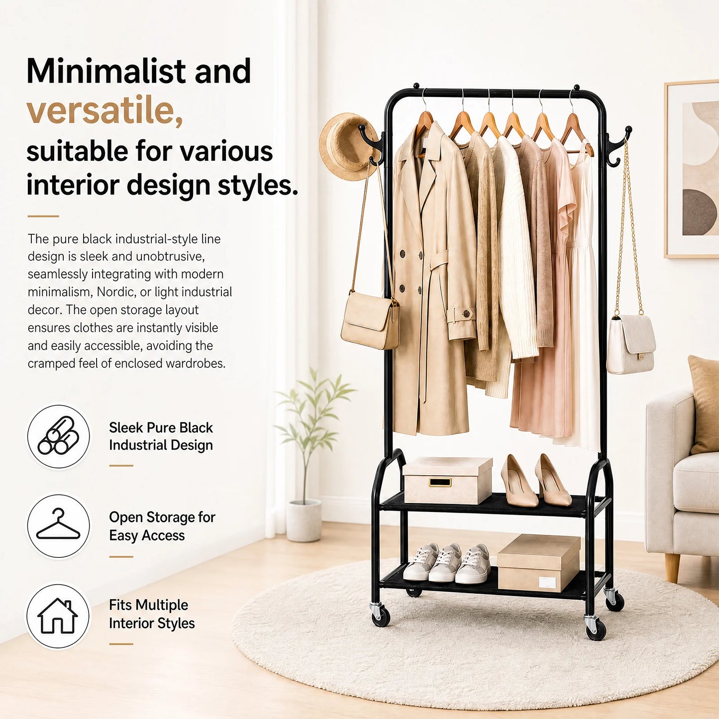 Clothes Rack with 2 Tier Shelves Iron Rolling Clothes Hanger with Universal Wheels Laundry Rack for Bedroom Laundry Living Room