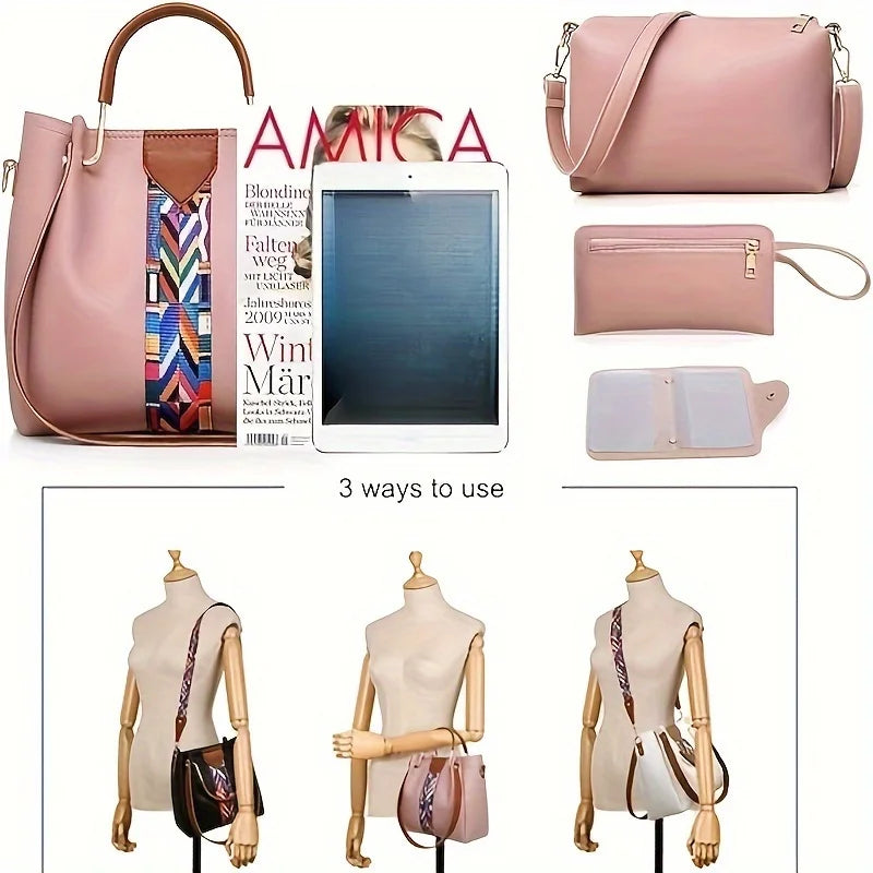 PU Leather 4 Piece Women's Handbag Set Tote Crossbody Clutch