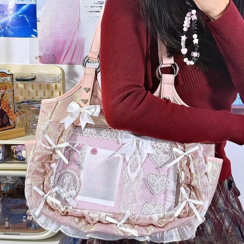 Luxury Design Ruffled Lolita Women Handbags Punk Gothic Bow Underarm Bag Transparent Sweet Lace Shoulder Ita Bags Y2k Aesthetic