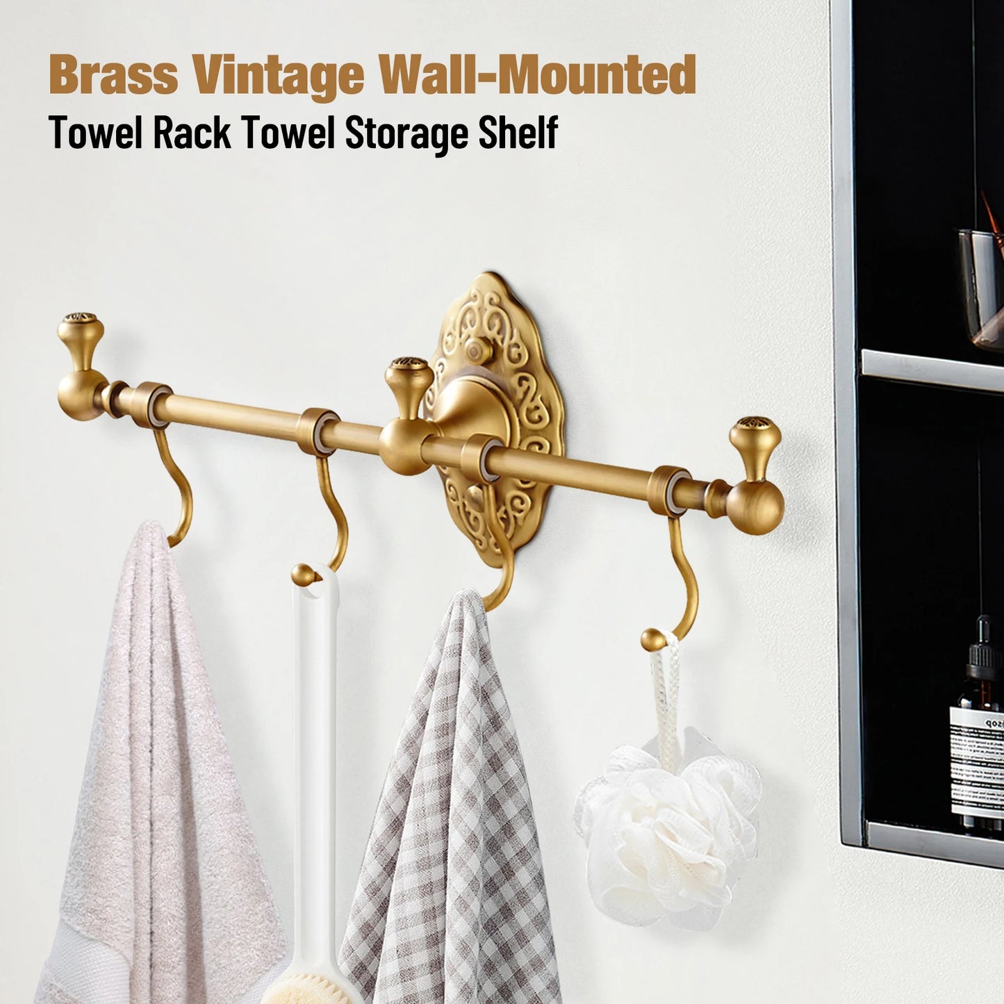 Wall-Mounted Towel Rack Vintage Gold Towel Holder with Hooks Anti-Rust 16.5LBS Load for Bathroom/Kitchen