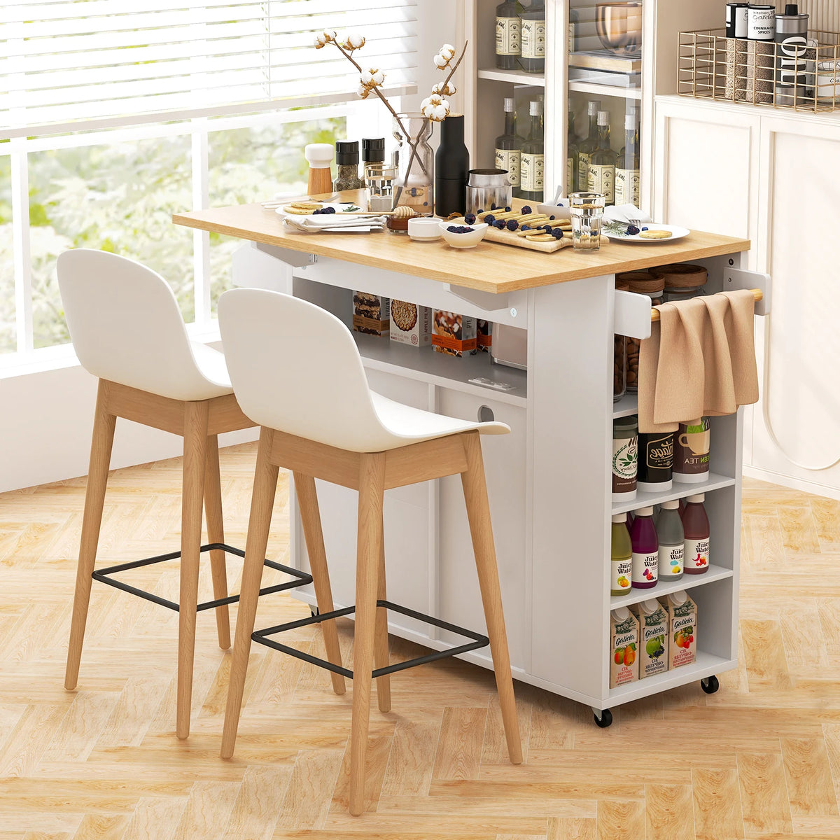 Drop-Leaf Kitchen Island Cart w/ Power Outlet Wine Rack Glass Holder Drawer