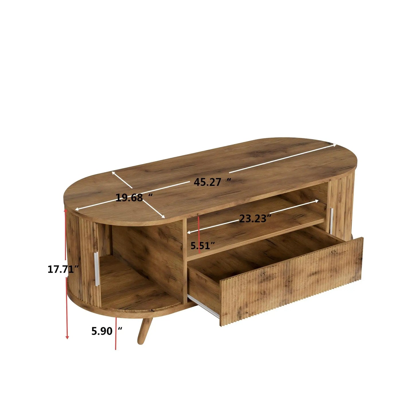 45 Inch Oval Coffee Table With Storage, Mid Century Modern Center Table With Drawer And Sliding Doors, Nature Oak