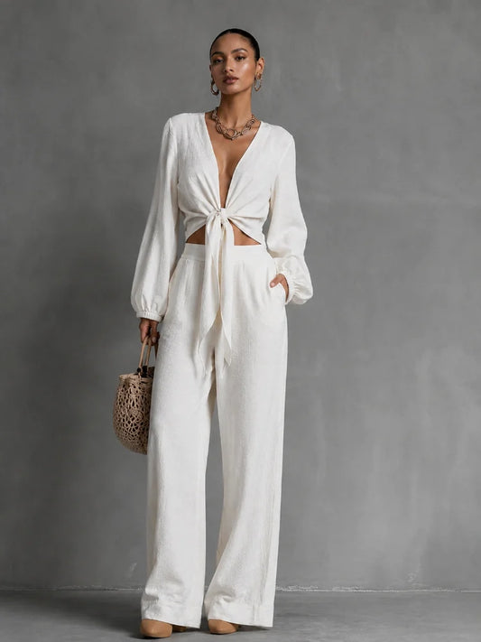 Women's Lace-Up Slit Front Top With Wide-Leg Pants Set