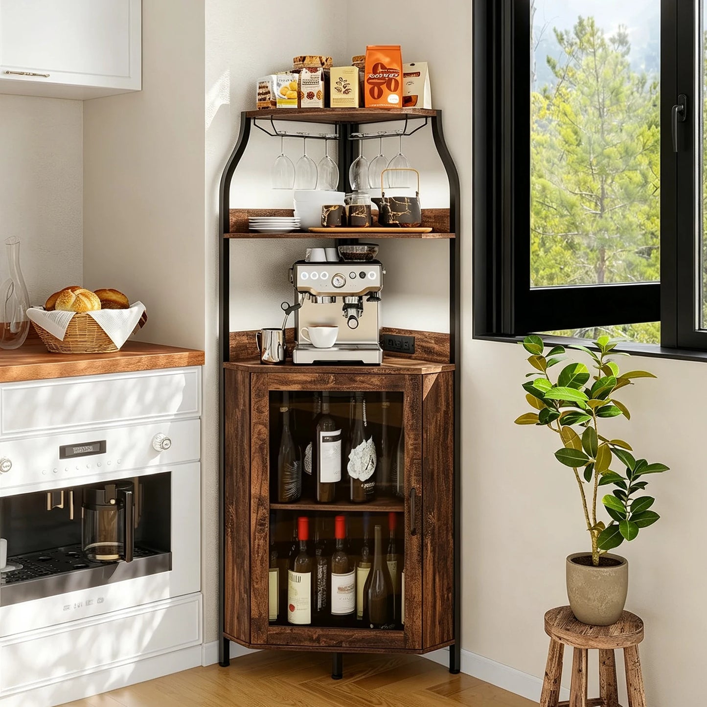 Corner Bar Cabinet With Power Outlet And LED Lights, 5 Tier Industrial Wine Rack, Glass Holder Liquor Storage Display For Small Spaces