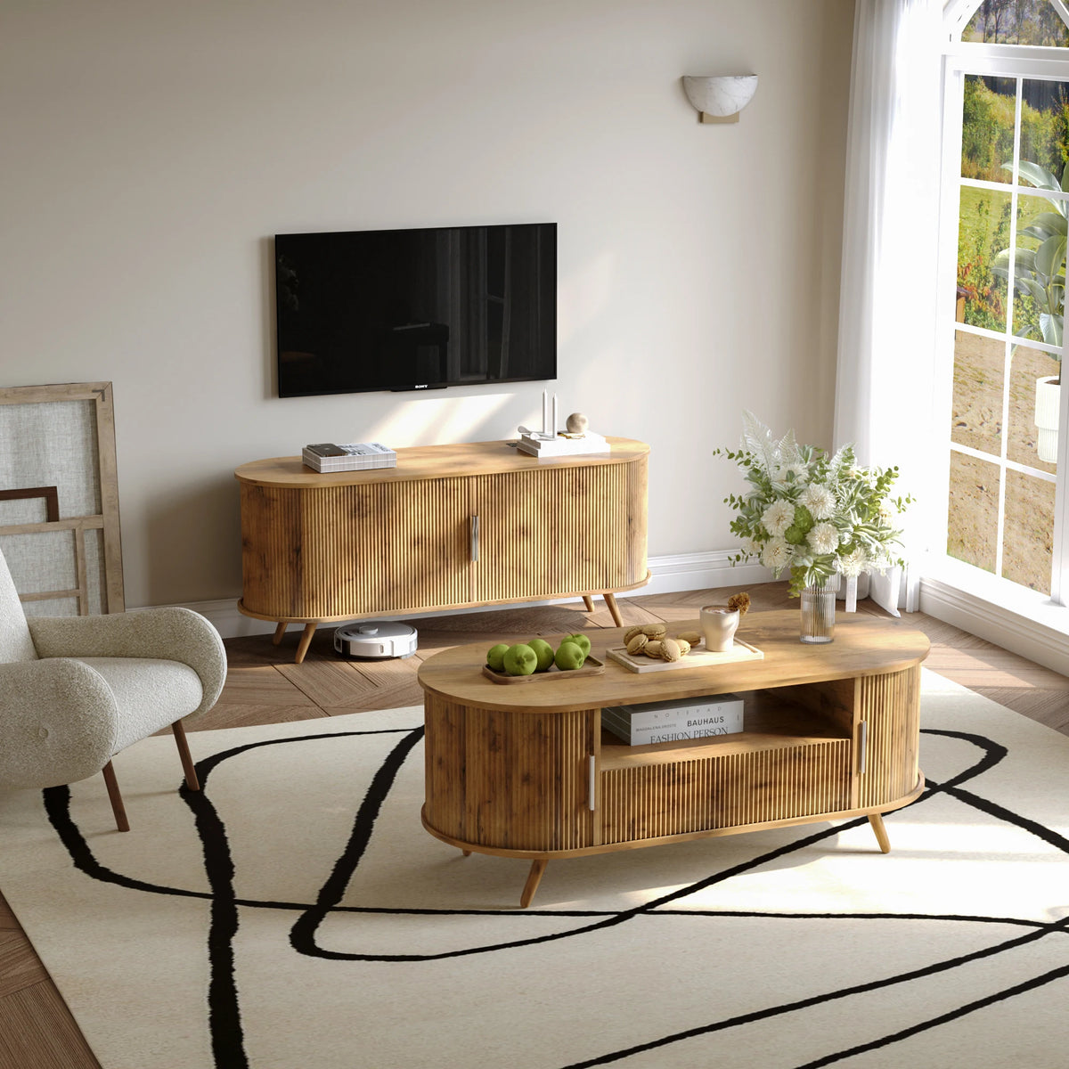 45 Inch Oval Coffee Table With Storage, Mid Century Modern Center Table With Drawer And Sliding Doors, Nature Oak