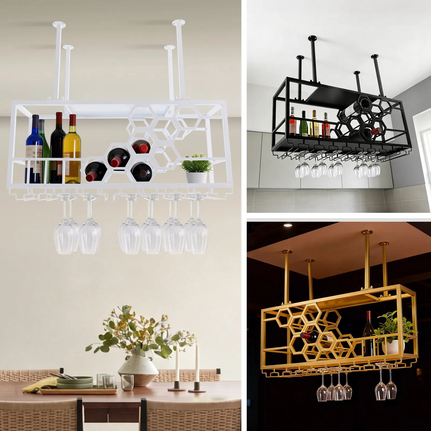2-Tier Hanging Wine Rack, 150lbs Load Capacity Ceiling Wine Storage Shelf, Honeycomb Structure Suspended Wine Bottle Holder For Homes, Hotels, Wineries