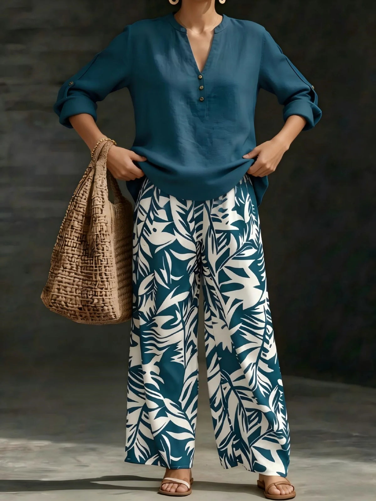 Women's Leaf Print Blouse and Wide Leg Pants Outfit Set