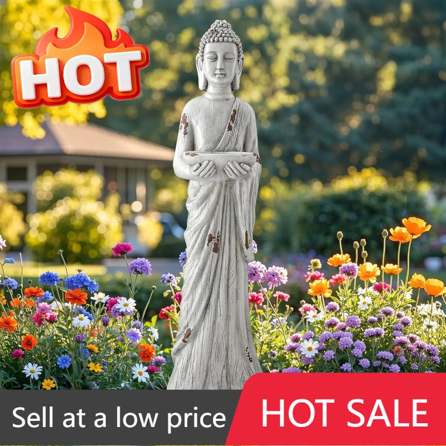Meditative Buddha Statue Birdfeeder Zen Garden Sculpture Outdoor Decor