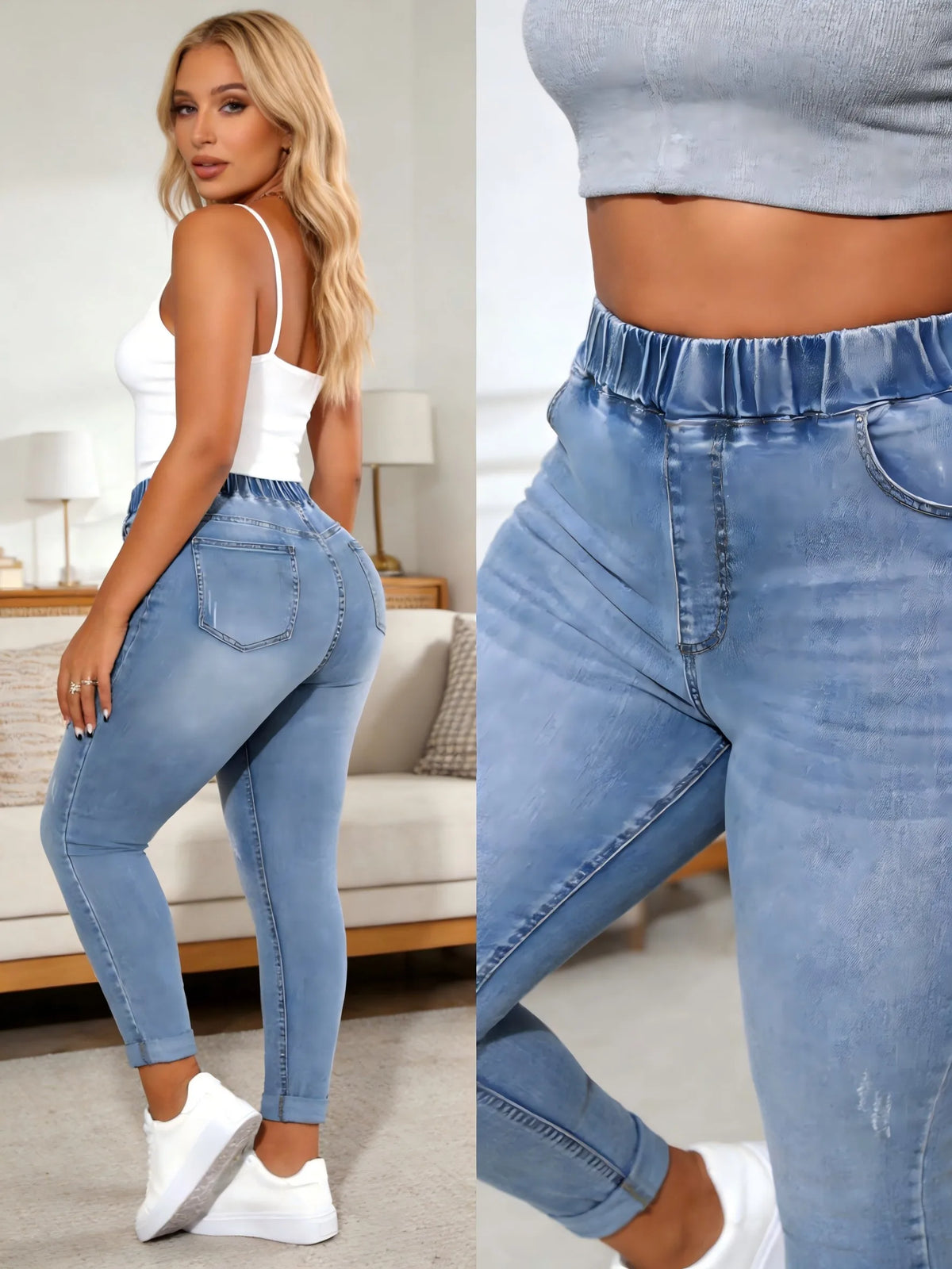 【HME】Jeans | Women Skinny Jeans High Waist Stretch Denim Pants Hip-Lifting Cuffed Ankle Y2K Aesthetic Casual Slim Trousers