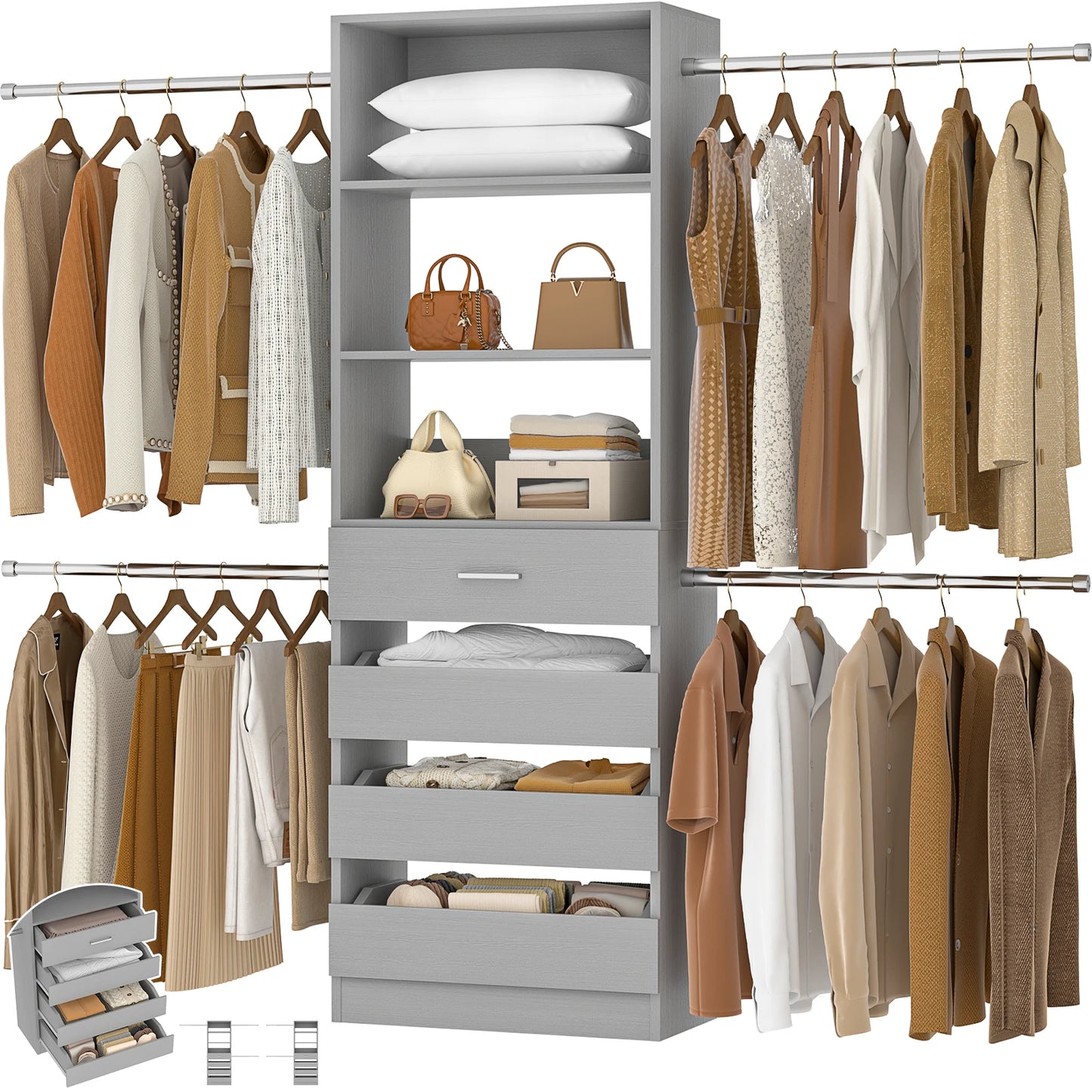 4-9Ft Closet System with 4 Wooden Drawers, Walk-in Closet Organizer Wardrobe Clothes Rack with 4 Hanging Rods, Garment Rack