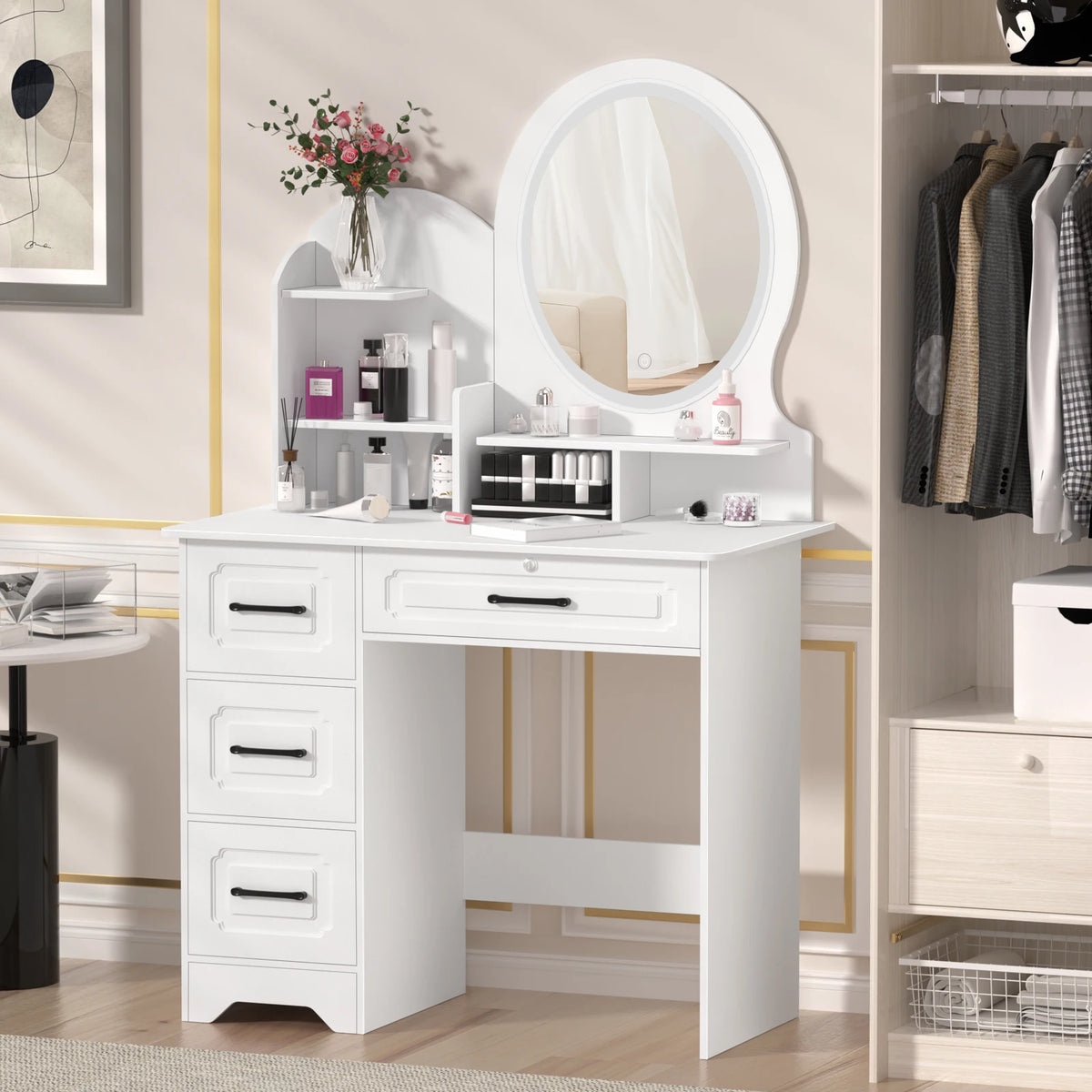 Modern Makeup Vanity Table with Mirror & Lights, Extra Storage Shelves, 4-Drawer Dressing Table, Cosmetic Desk with Organizer