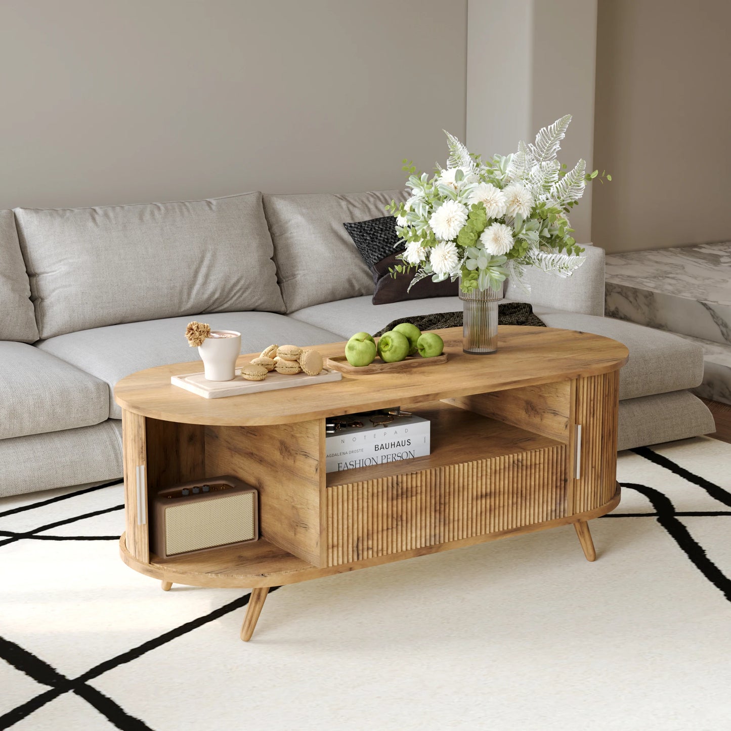45 Inch Oval Coffee Table With Storage, Mid Century Modern Center Table With Drawer And Sliding Doors, Nature Oak
