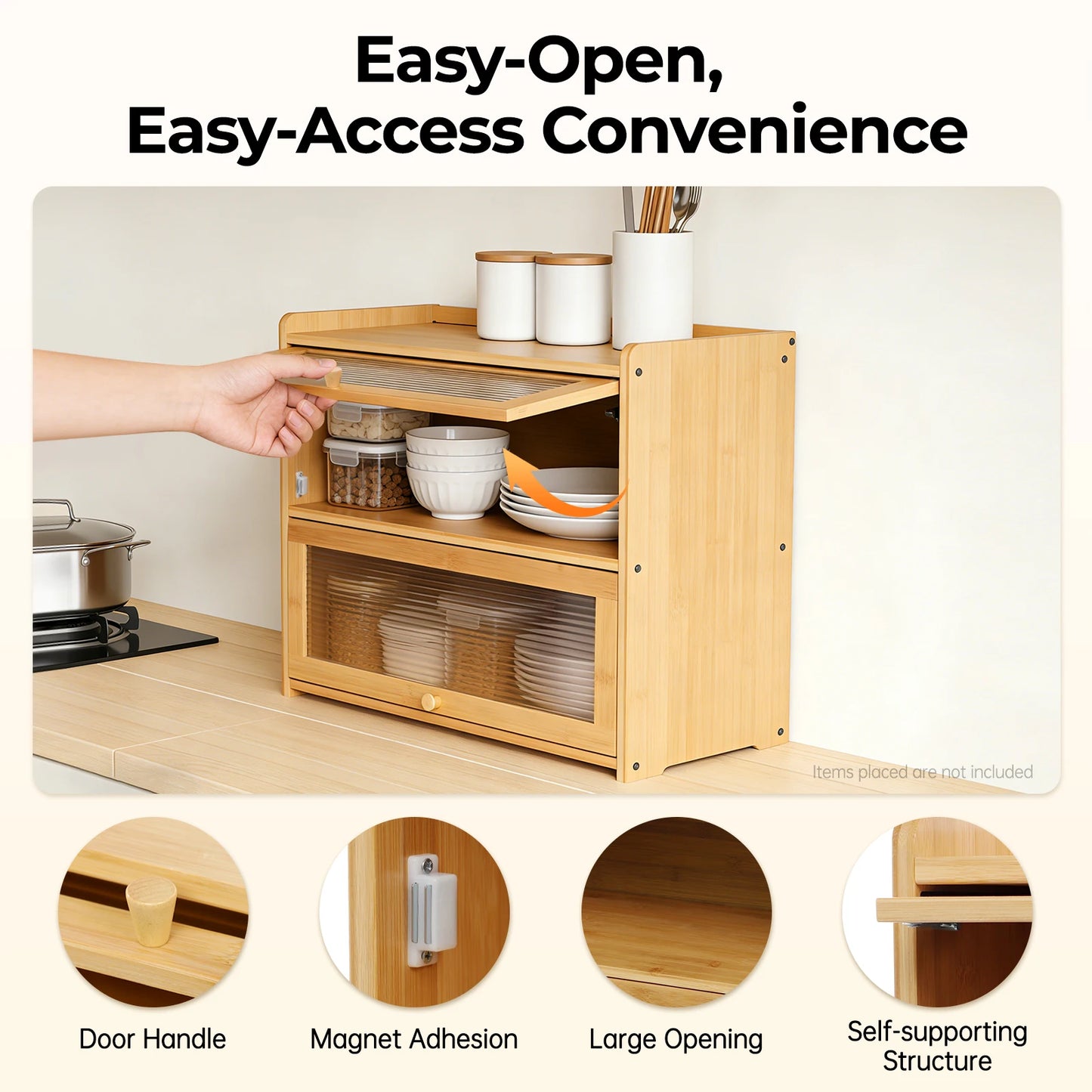 Storage Cabinet Bamboo 2 Tier Countertop Organizer with Glass Doors for Kitchen Bathroom Bedroom Storage Box