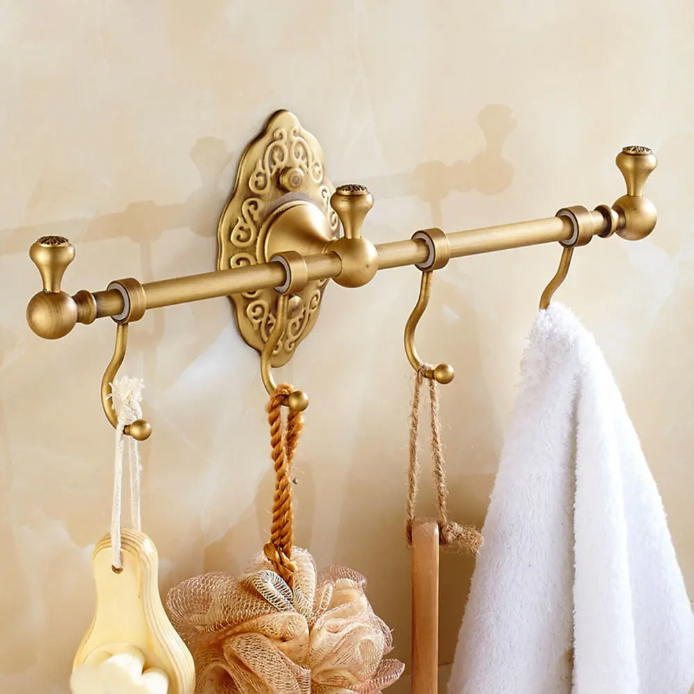Wall-Mounted Towel Rack Vintage Gold Towel Holder with Hooks Anti-Rust 16.5LBS Load for Bathroom/Kitchen