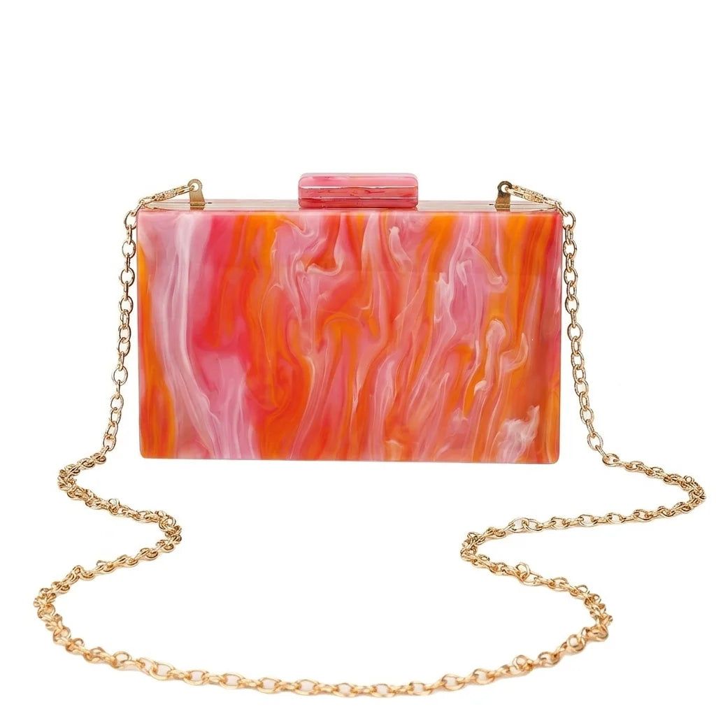 Marble Acrylic Box Clutch Handbag With Chain For Evening Event