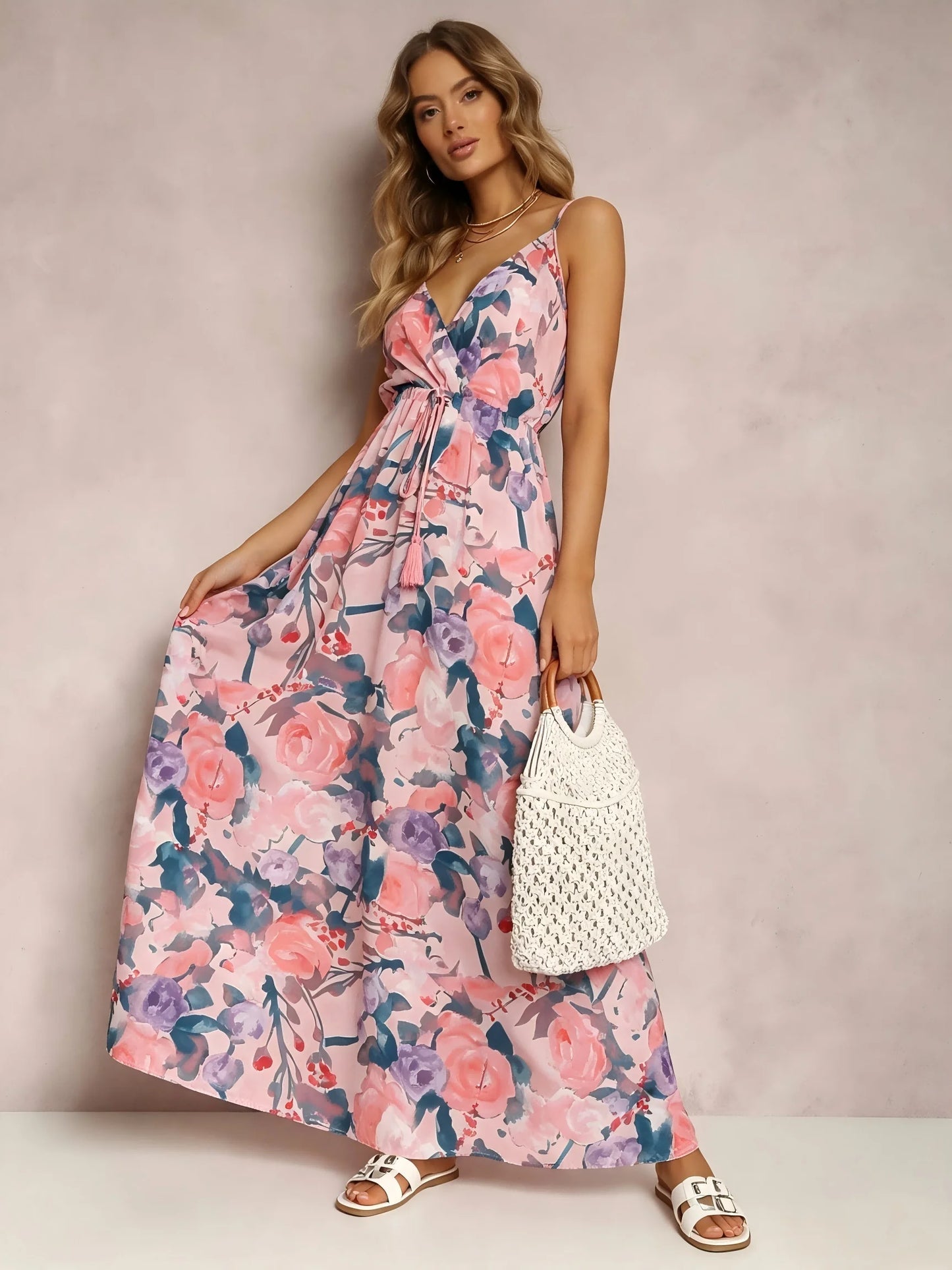Women Watercolor Floral Maxi Dress V Neck With Tassel Tie