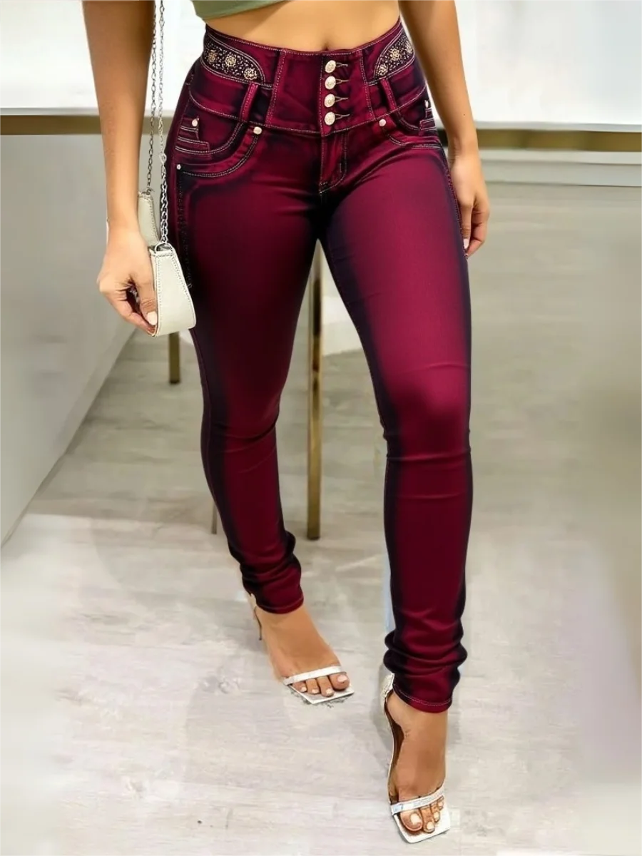【HME】Jeans | High Waist Butt‑Lifting Denim Pants, Ladies Multi‑Button Skinny Denim Jeans With Waist Rhinestone Embroidery Detail, Curvy Slim Pants, Burgundy Washed Denim For Night‑out Casual Wear