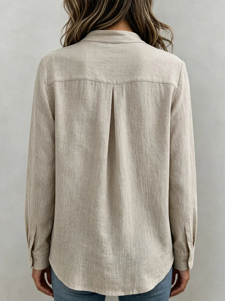 Women's Loose Linen Blended V Neck Long Sleeve Shirt