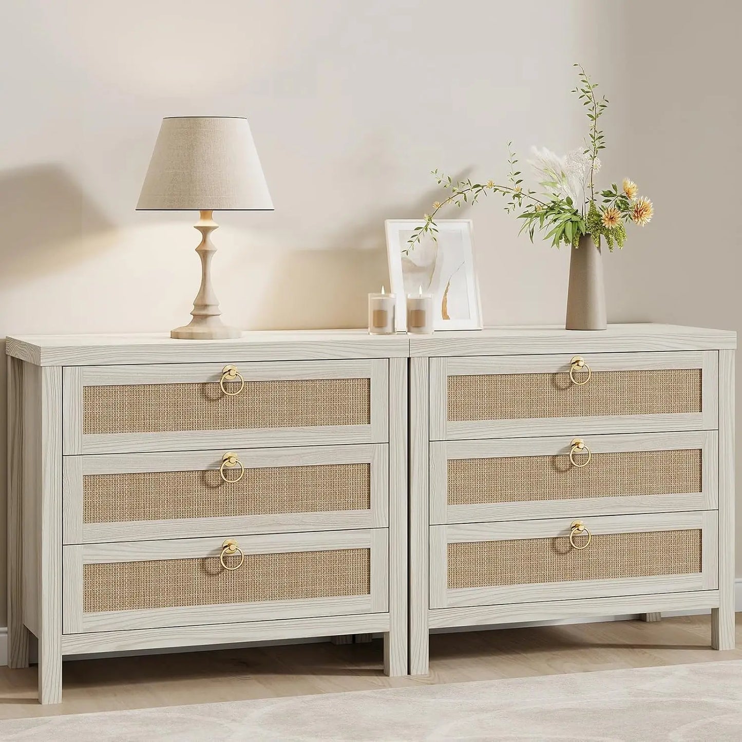 Large White Rattan Nightstands Set of 2, Boho Style with Drawers & Storage Shelf Bedroom Bedside End Table, Custom